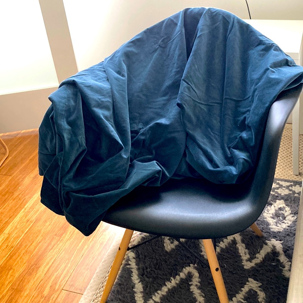 3 West Elm blue velvet curtain panels.  48in X 108 in.